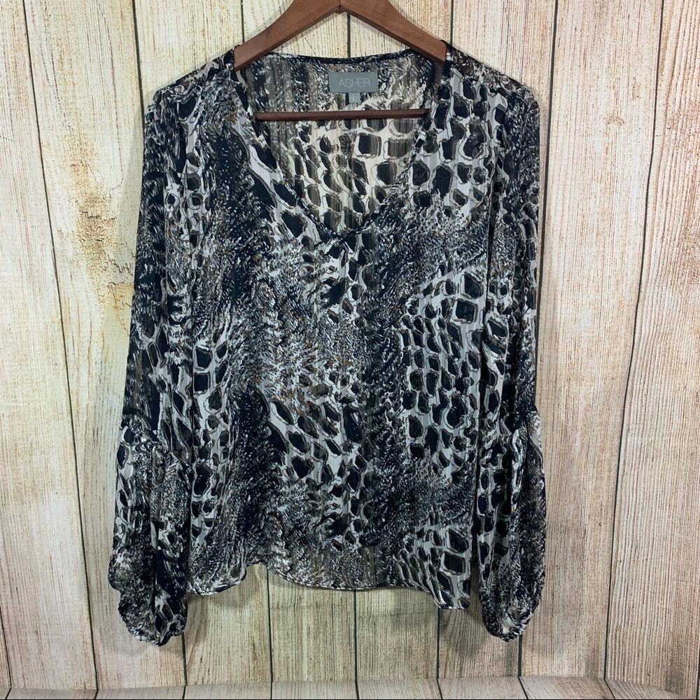 Asher Long Balloon Sleeve Sheer Animal Print Blouse Sz Large